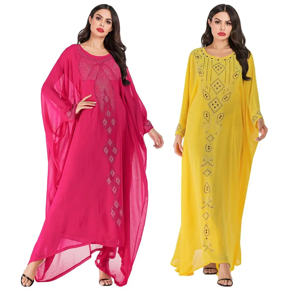 

Dubai Women Abaya Chiffon Batwing Sleeve Jilbab Farasha Muslim Dress Kaftan Robe Gown Diamonds Oversized Loose Dress Islamic New