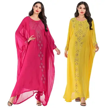 

Dubai Women Abaya Chiffon Batwing Sleeve Jilbab Farasha Muslim Dress Kaftan Robe Gown Diamonds Oversized Loose Dress Islamic New