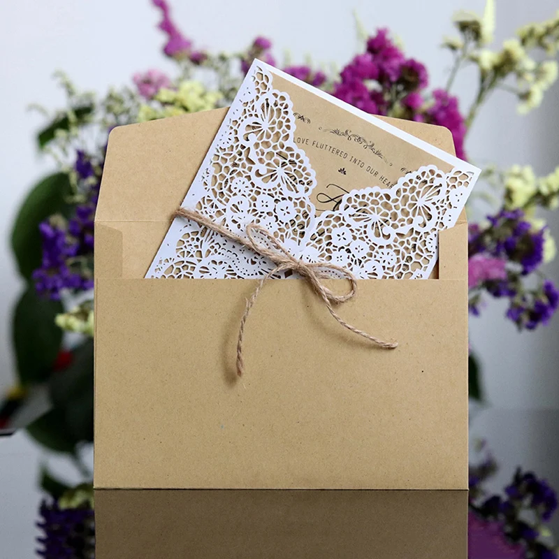  10pcs/set Wedding Invitations Floral Pattern Hollow Lace Invites Cards Bride and Groom Wedding Favo - 4.00008E+12