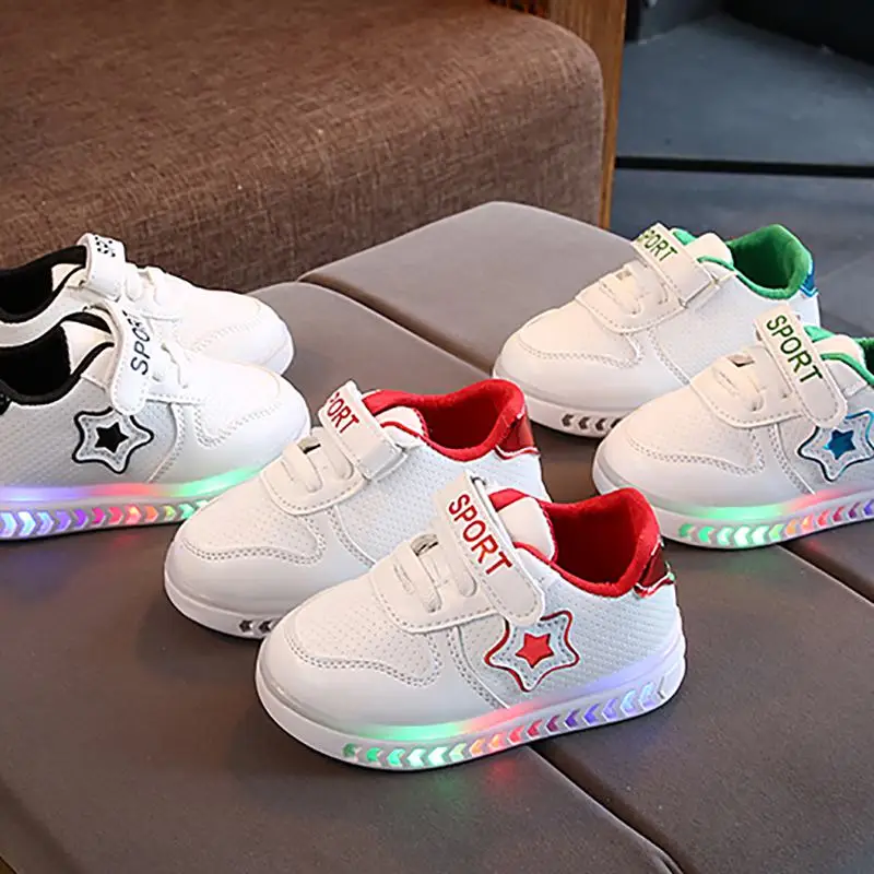 Children Casual Shoes Boys Girls Fashionable Star Print LED Light Net Breathable Soft Running Sports Walking Shoes