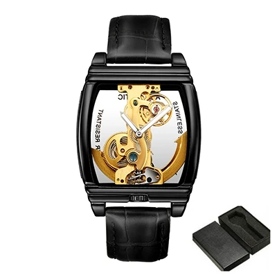 SHENHUA мужские часы Топ бренд класса люкс Натуральная кожа ремень прозрачный скелет автоматические механические наручные часы Мужские часы - Цвет: black-box