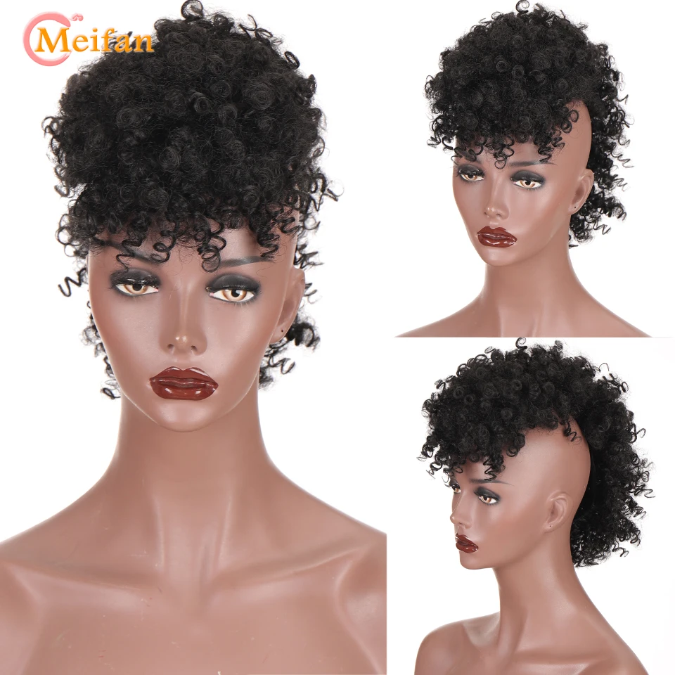 Meifan Synthetic Afro Kinky Curly Hairpieces Mohawk Ponytail Clip In Hair Extensions High Puff Afro Natural Ponytail With Bangs