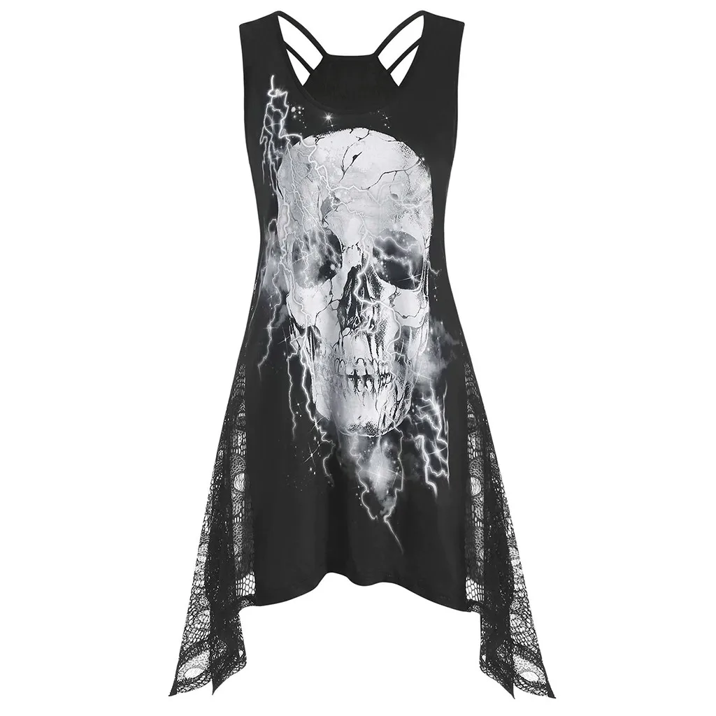 

Women's blouse chiffon top Loose Skull Print O-Neck Lace Halloween Sleeveless shirt Pullover Tops for Lady blusa mujer moda 2019