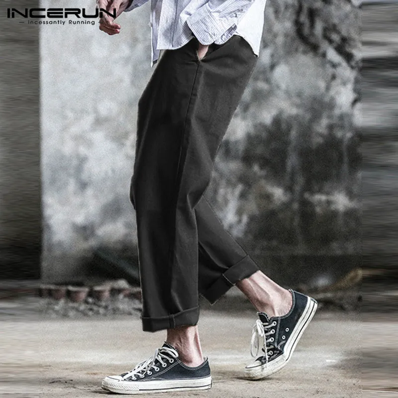 Casual Men Pants Cotton Elastic Waist Fashion High Street Baggy Classic Trousers Men Solid Pants Joggers Plus Size INCERUN