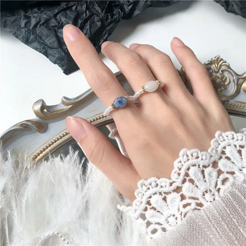 2020 Korean Retro Natural Red Blue White Stone Rings Simple Freshwater Pearl Girls Forefinger Jewelry For Women | Украшения и