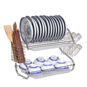 

2 Tiers Kitchen Sink Dish Drainer Drying Rack Bowls Plates Storage Basket Stainless Steel Tableware Cutlery Holder Kitchen