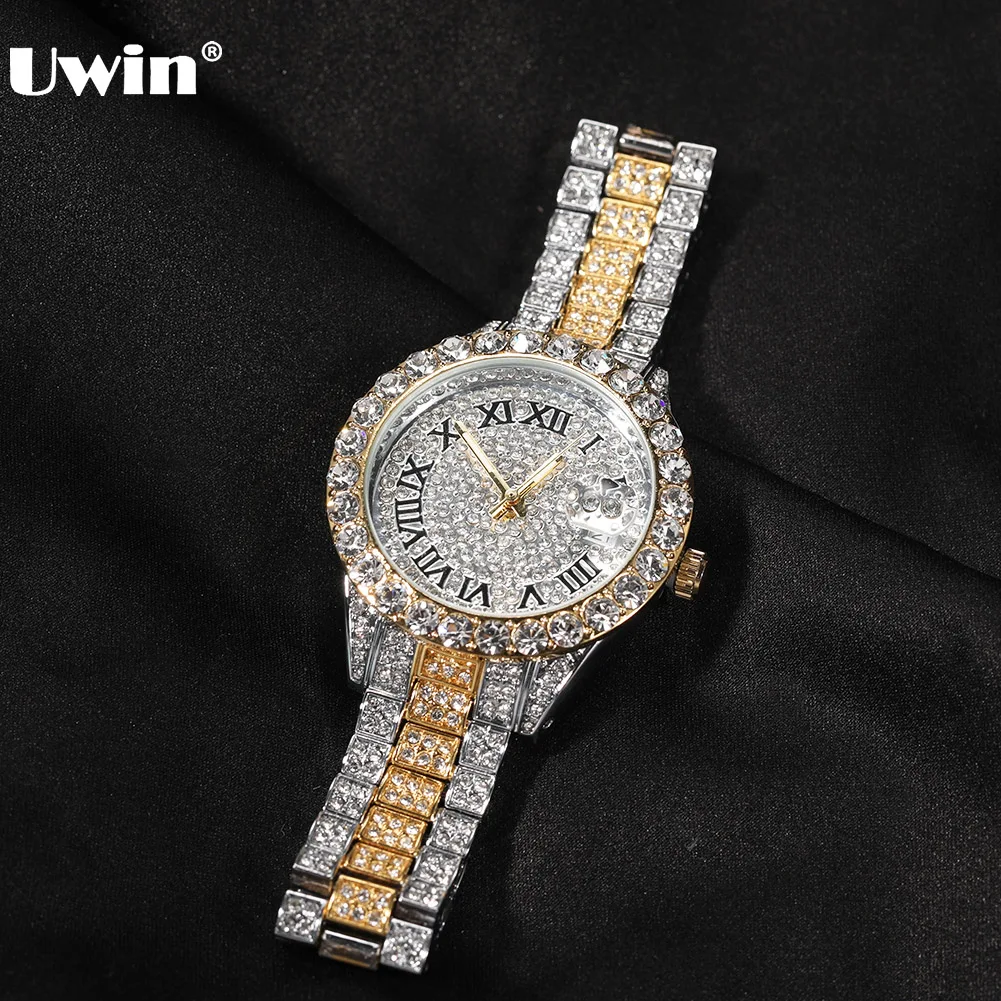 Uwin Round Dial Watch Full Baguette Cz Iced Out Pink Dial Quartz Wrist Watches For Men Hip Hop Body Jewelry For Drop Shipping