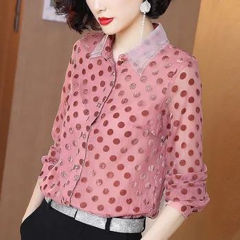 

2020 Spring Fall Ladies Top Blouse , Woman Clothes , Womens Long Sleeve Velour Dot Chiffon Tops Blouse , Shirt for Women