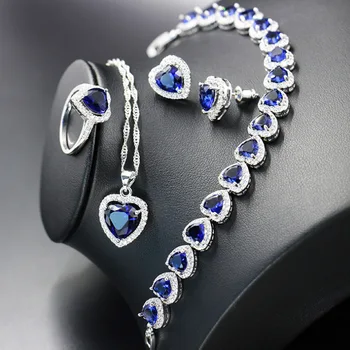 

Zlxgirl jewelry high quality blue love heart cubic zircon necklace with earring ring bracelet jewelry sets brand wedding bijoux