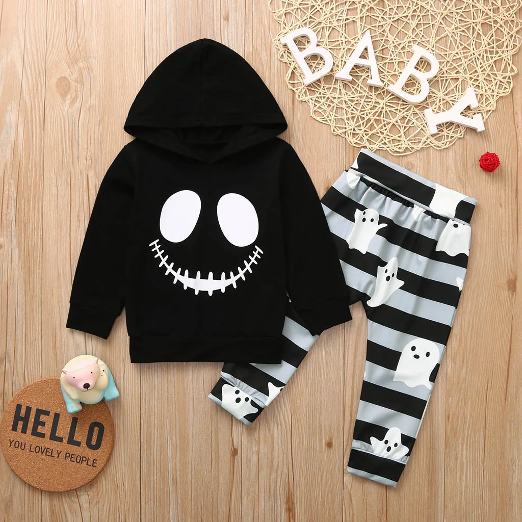 

MUQGEW Halloween Black Children Sets Toddlers Baby Boys Cute Cartoon Skull Hoodie Tops+Striped Pants Hot Sale Outfits conjunto