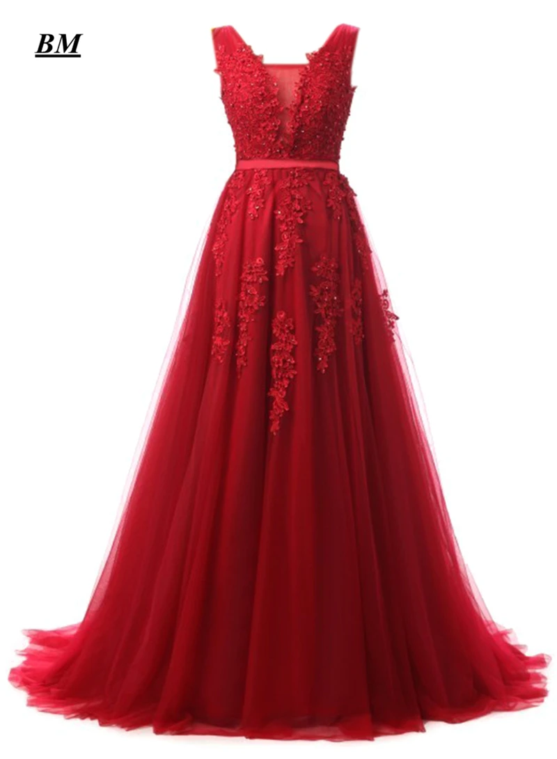 

2019 Elegant A-line Lace Tulle Prom Dresses Beaded Lace Up Long Formal Evening Dress Party Gown Vestidos De Gala BM84