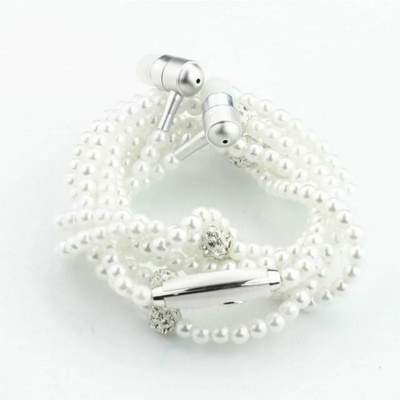 Pearl Necklace Earphones Rhinestone Jewelry With Mic Headset Line Type Earpiece For Iphone Xiaomi Huawei Connect To Audio Device
