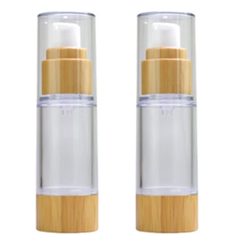

2PCS Bamboo Lotion Quantitative Pump Vacuum Bottle Travel Set Bamboo Cosmetics Sub-Bottle Portable Toilet Set