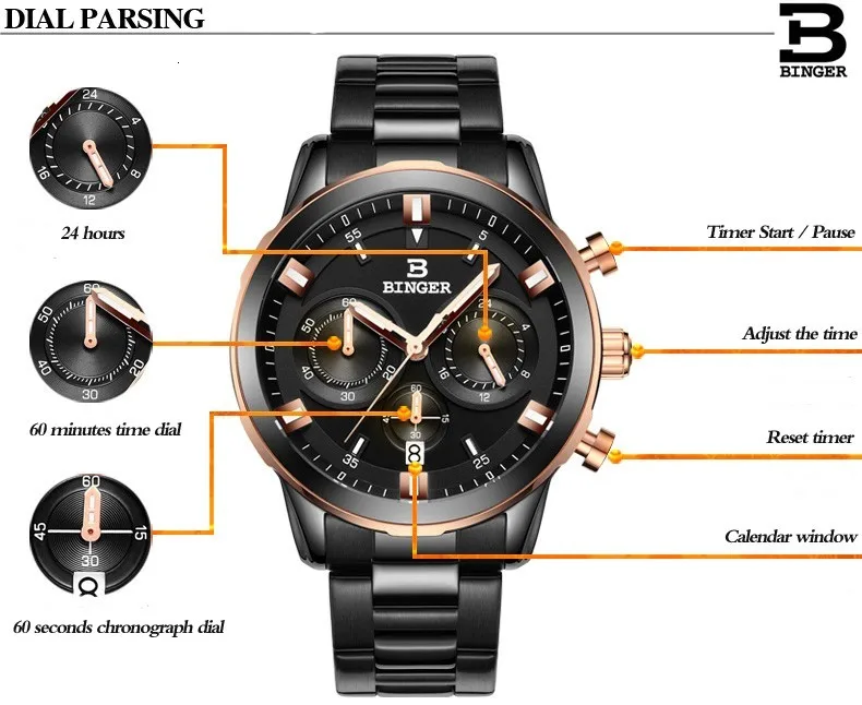 Новые часы с хронографом мужские спортивные военные наручные часы Бингер брендовые кварцевые часы из нержавеющей стали водонепроницаемые B-9011G