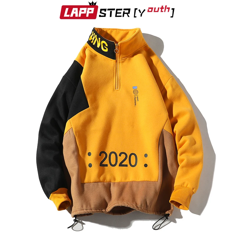 

LAPPSTER Men Patchwork Hoodies 2019 Autumn Winter Pullover Man Letter Print Hip Hop Sweatshirts Yellow Korean Streetwear Hoodies