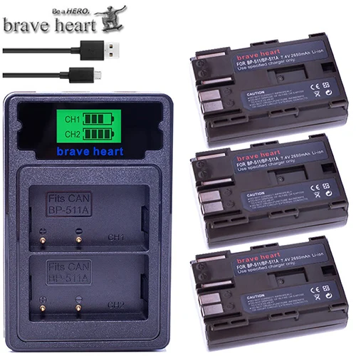 charger and 3battery МА/ч. аккумулятор BP-511A BP 511 511A BP511 BP-511 Батарея для Canon 300D 10D 20D 30D 40D 50D PowerShot G1 G2 G3 G5 G6 90 90IS камера - Цвет: charger and 3battery