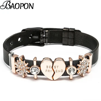 

BAOPON BEST FRIEND Charms Black Mesh Men Bracelets Bangles For Women Couple Stainless Steel Heart To Heart Beads Bracelets Gifts
