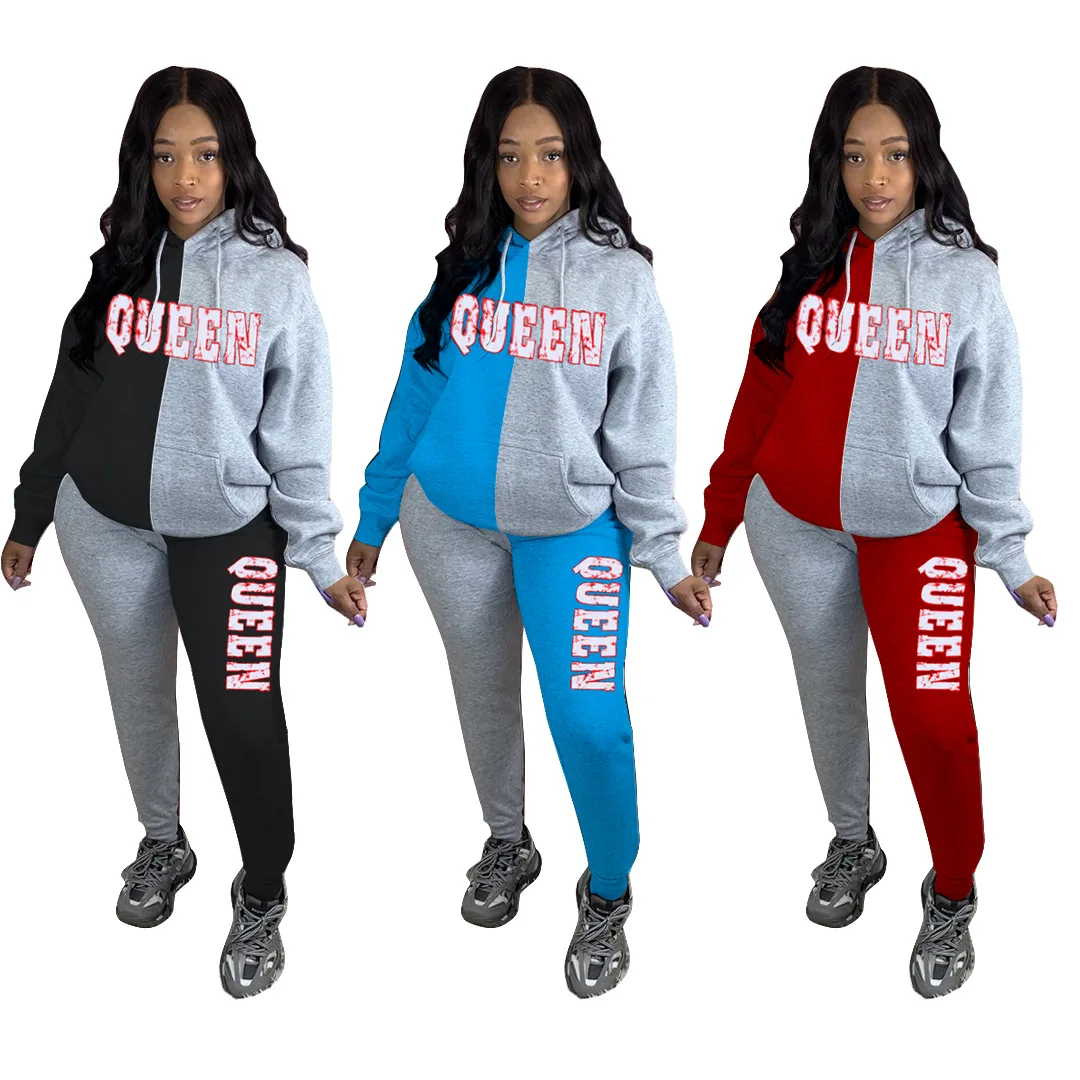 

Queen Letter Patchwork Two 2 Piece Set for Women Fall Winter Fitness Outfits Hoodies + Jogger Pants Set Street Tracksuit