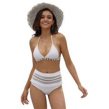 

Sexy Push Up Bikini Set High Waist Beach Hot Springs Two Piece Swimsuits Plaid Swimming Suit for Women Tassel Swimwear
