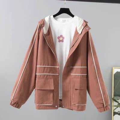 Brick red Harajuku большой карман лоскутное куртка с капюшоном женская верхняя одежда Casaco Feminino Осень Большой размер свободное короткое пальто ветровка Женская - Цвет: Brick red