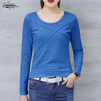 

2020 Autumn New Plus Size Long Sleeve Shirt Women Cotton O-neck Slim T-shirt Casual Slim Solid Korean Office Lady Clothes 10713