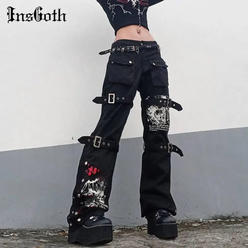 InsGoth Y2K Punk Skull Print Black Buckle Pants Harajuku High Waist Big Pocket Trousers Goth Mall Grunge Cargo Pants Techwear 1