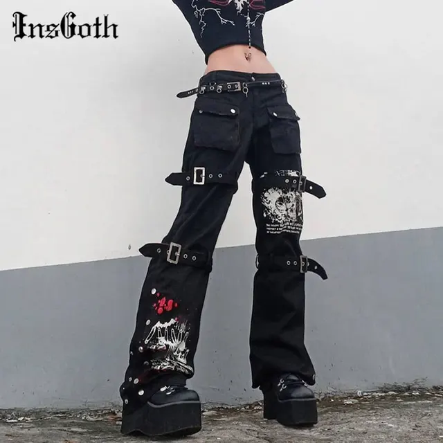 InsGoth Y2K Punk Skull Print Black Buckle Pants Harajuku High Waist Big Pocket Trousers Goth Mall Grunge Cargo Pants Techwear 1