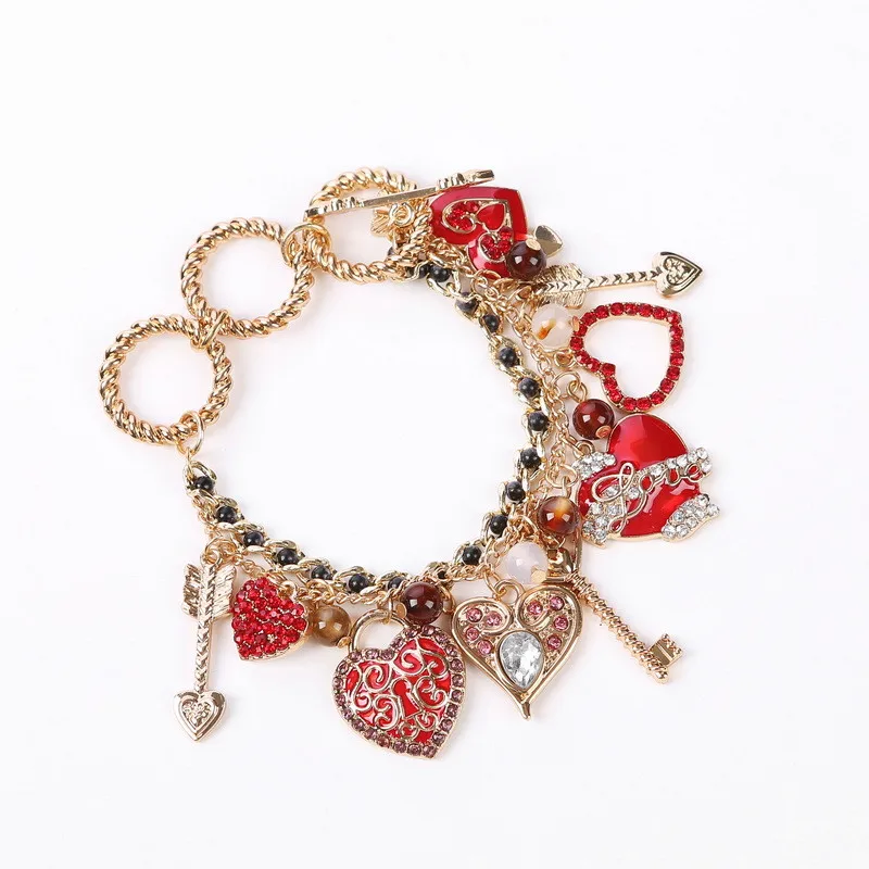 

New Trendy Exquisite Link Chain Various Heart Pendant Bracelet Rhinestone Pink Beads Bangle Women Charms Valentine's Day Gifts