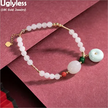 

Uglyless Natural High Porcelain Turquoise Bracelets Women Real 18K Gold Chains AU750 Stamp Agate Emerald Jade Beading Bracelets