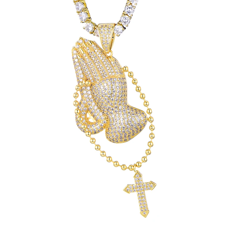 14K Gold Plated CZ Prayer Hands w/ Cross Rosary Pendant w/ 6mm 30" Rope Chain 