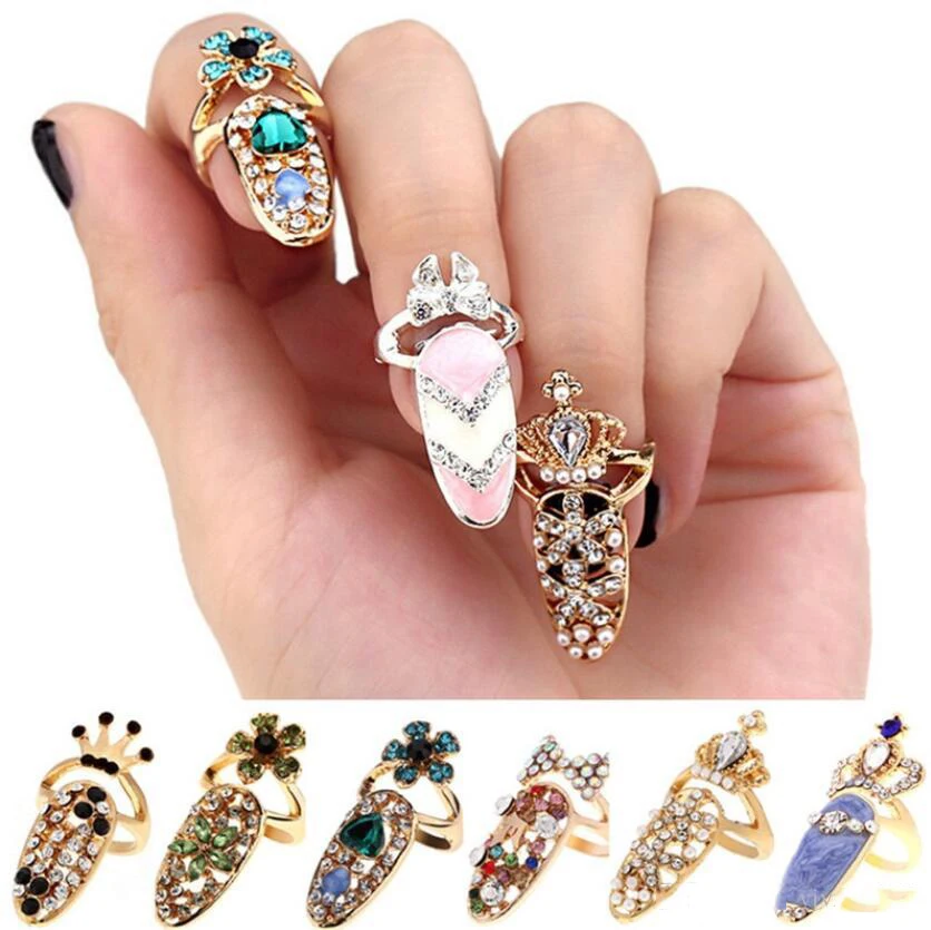 

12 Styles Rhinestone Fingernail Ring/ Nail Jewelry/ Flower Crystal Nail Rings For Rhinestone Fingernail Protective Jewelry KU766