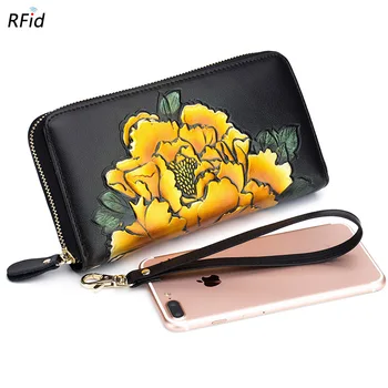 

2020 new lady purse peony hand-painted organ long multi-card leather large capacity rfid anti-theft wallet Chinese style