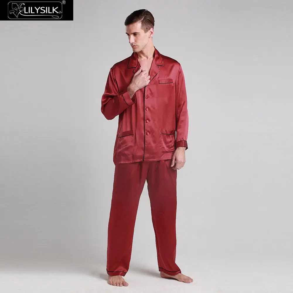LilySilk пижама мужская шелковые набор белье костюм домашняя одежда для мужчин с контрастной отделкой 22 Momme - Цвет: Claret