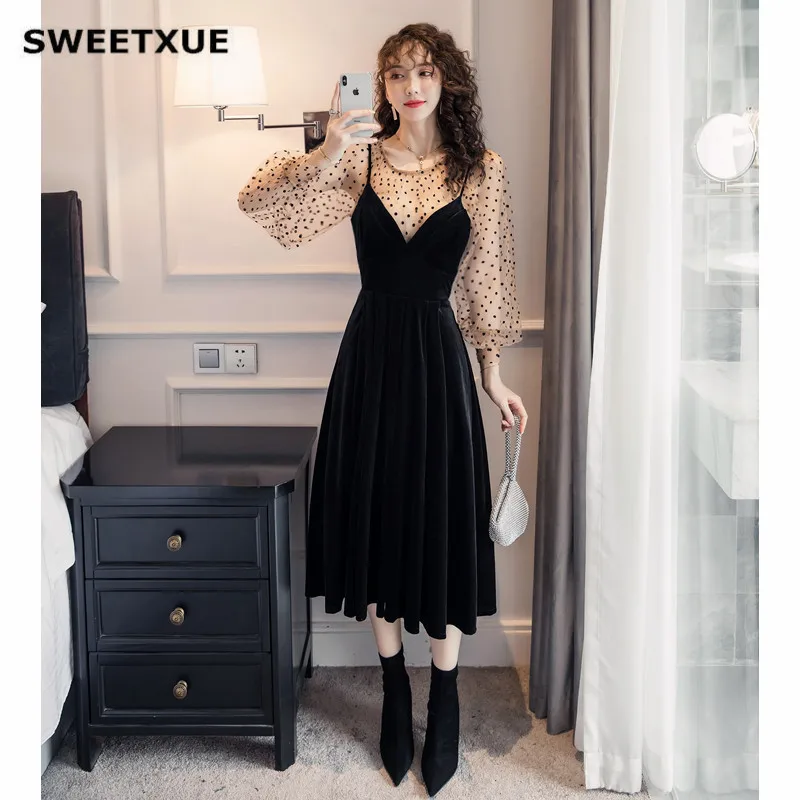 SWEETXUE осенний комплект из двух предметов, круглый вырез, Сетчатое платье-фонарь, рукава, узор в горошек, топ+ бархатный ремень, миди платье, повседневный шикарный женский костюм