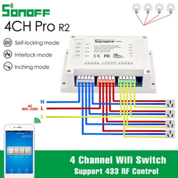 

Sonoff 4CH Pro R2 Wifi Switch 4 Channel Inching Self-Locking Interlock Smart WiFi RF Control Switch Work With Alexa Google Home
