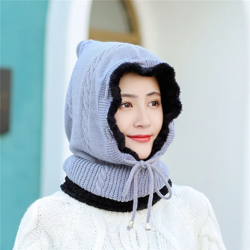 hat grey Зимняя Теплая Лыжная Шапка, маска для лица, ветрозащитная шапка с капюшоном, вязаная шерстяная шапка, теплая женская шапка - Цвет: hat grey