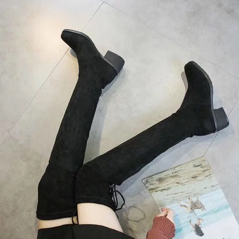 Сапоги выше колена; толстый каблук; интернет-знаменитости; тонкие сапоги