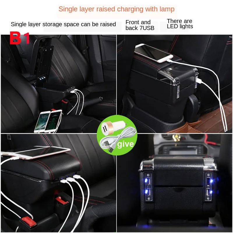  Sobneqce para Lada Xray Caja de apoyabrazos universal para coche  central con soporte para tazas, cenicero USB de modificación de carga,  accesorio de reposabrazos, apoyabrazos (color: líneas blancas estilo B) 