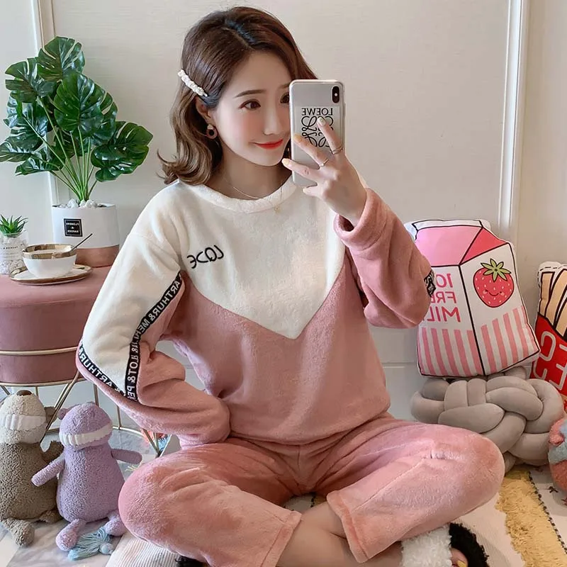 White and Pink Зимняя пижама из 2 предметов для женщин, теплая плотная Пижама с круглым вырезом, Фланелевая пижама с милым рисунком, домашняя одежда, костюм - Цвет: White and Pink