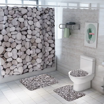 

SMALL STONE Printed Pattern Bathroom Shower Curtain Pedestal Rug Lid Toilet Cover Mat Non-Slip Bath Mat Carpet Set