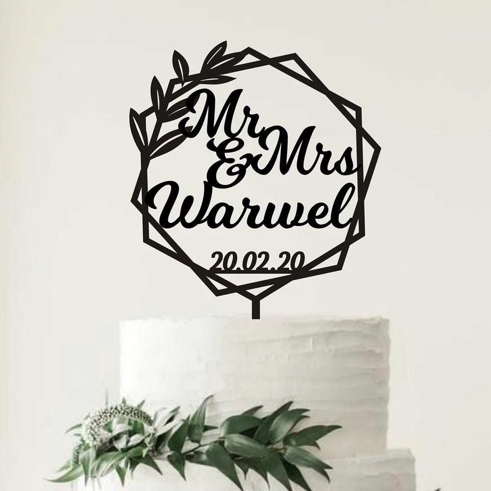 Hexagon Custom Wedding Cake Topper Floral Wreath Wooden Cake Toppers