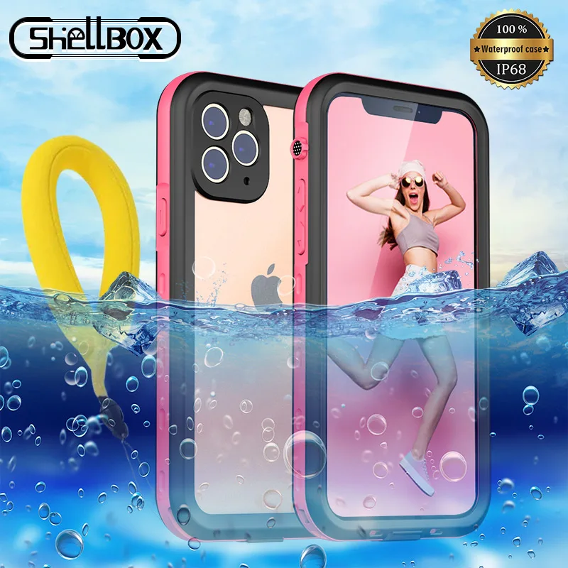Чехол Shellbox IP68 Водонепроницаемый для телефона iPhone 11 Pro Max XR X XS розовый прозрачный