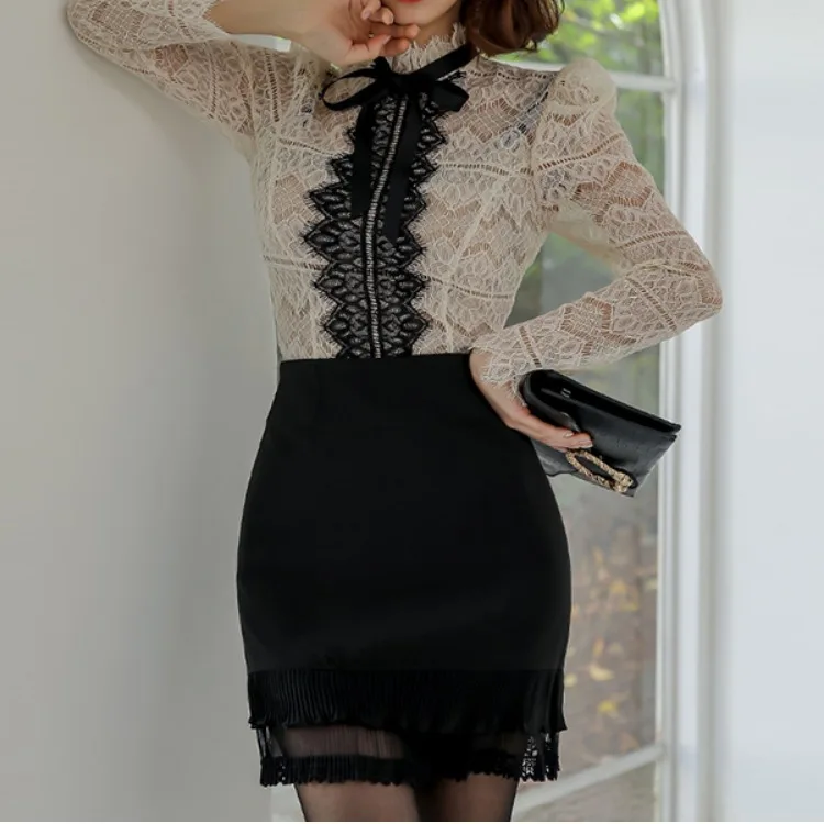 

WOMEN'S Dress 2019 New Style Ol Elegant Stand Collar Underwear Lace Shirt + Young-Style Royal Sister Skirt Two-Piece Set