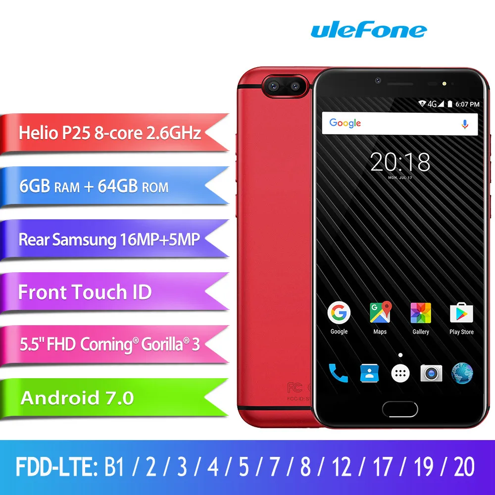 Смартфон Ulefone T1 16 МП, две тыловые камеры, Восьмиядерный процессор Helio P25 5,5 дюйма, 6 ГБ ОЗУ, 64 Гб ПЗУ, сенсорный ID, 4G, Android 7,0, мобильный телефон