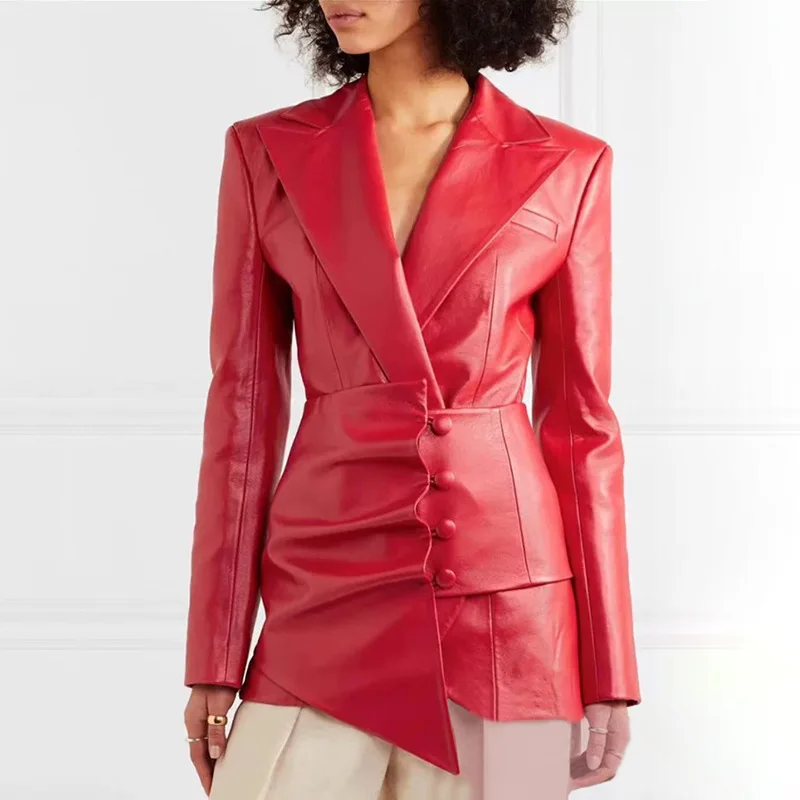 

HIGH STREET Newest Fall Winter 2019 Designer Blazer Women's Synthetic Leather Asymmetrical Blazer