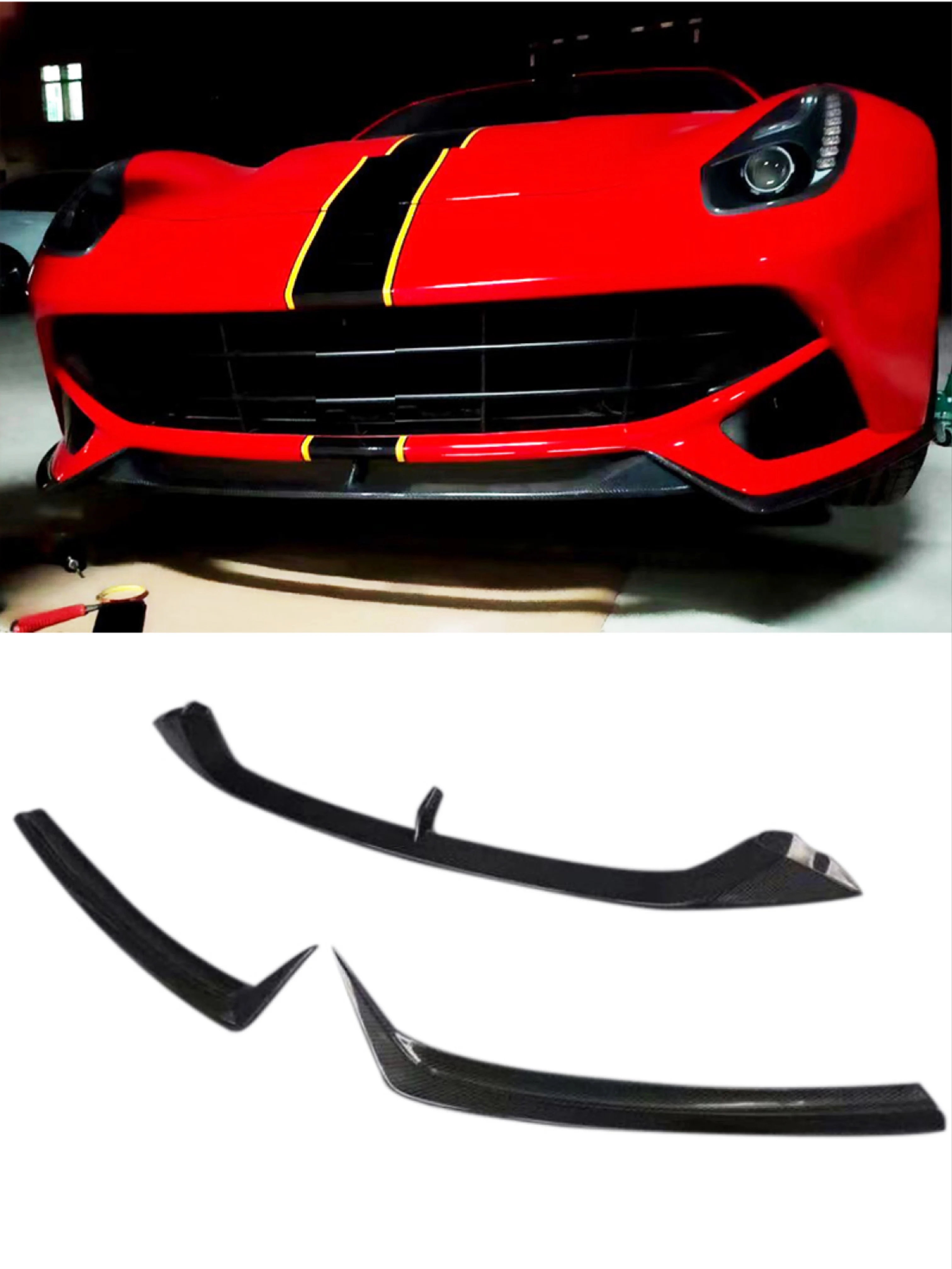 

For Ferrari F12 REVO Style Front Lip (3pcs) Carbon Fiber Front Lip Glossy Finish Bumper Splitter Fibre Drift Kit