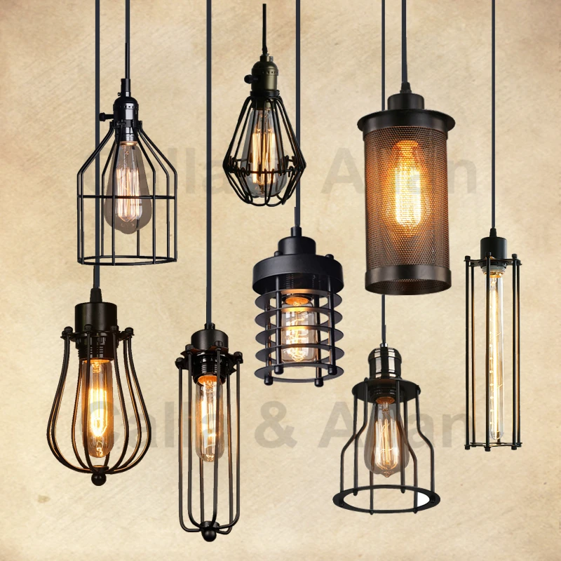 Luces colgantes vintage americanas, lámpara colgante de jaula de hierro negro, E27, 110V, 220V, para decoración del hogar, lamp|pendant lamp e27vintage pendant lights