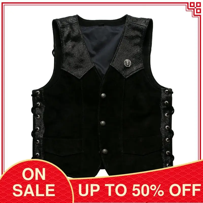 

2020 Black Motorcycle Style Genuine Leather Vest Men Single Breasted Plus Size 5XL Real Cowhide Autumn Slim Fit Motorcycle Vest