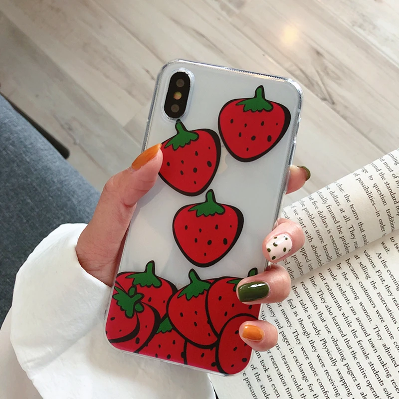 Милый чехол для телефона с клубничкой iPhone 7 8 Plus XS MAX X XR прозрачные мягкие чехлы из