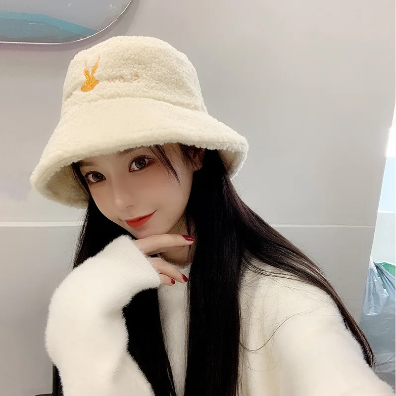 

Cashmere Fisherman's Hat Women's Versatile Rabbit Pattern Embroidered Hat Thickened Warm Ear Protection Outdoor Plush Basin Cap
